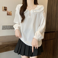 批发实拍秋装新款BOLATU柏拉图气质娃娃领甜美设计白色棉麻料舒适衬衫