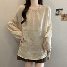 批发实拍新款大码女装法式时尚新中式国风苎麻灯笼袖衬衫慵懒上衣