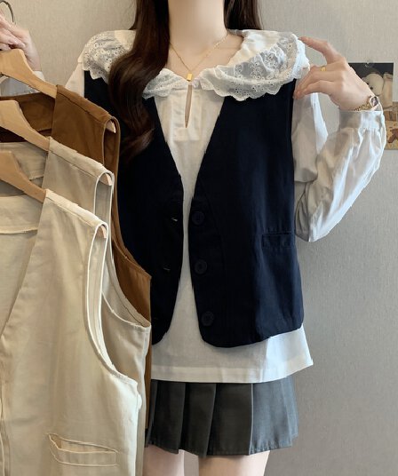 실사 가을 의상 새로운 면 소재 조끼 재킷 루즈핏 슬림해 보이는 V넥 미니멀리즘 작은 대중 디자인 센스 워크웨어 조끼