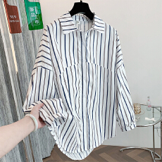 批发2026早春实拍大码女装复古条纹蝙蝠袖纯棉条纹长袖衬衫女减龄上衣