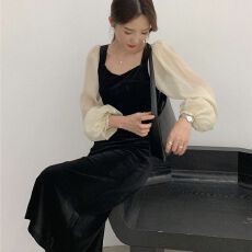 批发2026早春韩版金丝绒连衣裙方领泡泡袖<b class='q'>大码</b>女装连衣裙
