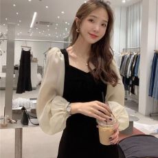 批发秋冬装新款韩版金丝绒<b class='q'>连衣裙</b>方领<b class='q'>泡泡袖</b>大码女装<b class='q'>连衣裙</b>
