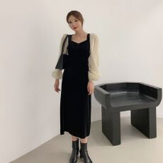 批发春装新款韩版金丝绒连衣裙方领泡泡袖大码女装连衣裙