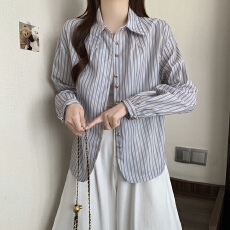 批发实拍秋装新款大码女装条纹衬衫长袖珍珠扣上衣韩版休闲宽松上衣