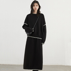 批发CHICVEN自由出走冬装新款慵懒感圆领撞色边毛衣针织半身<b class='q'>裙</b>套装