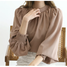 批发秋装新款韩国上衣乐天速干不易皱圆高领泡泡袖<b class='q'>雪纺</b>衬衫