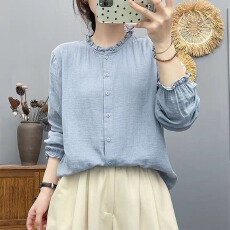 批发春装新款宽松减龄上衣复古荷叶领软软双层棉纱<b class='q'>打底衫</b>衬衫外穿