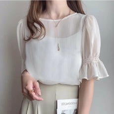 批发韩国日本单夏装纯色<b class='q'>短袖</b><b class='q'>T</b><b class='q'>恤</b>圆领泡泡袖<b class='q'>雪纺</b><b class='q'>衫</b>打底衫上衣