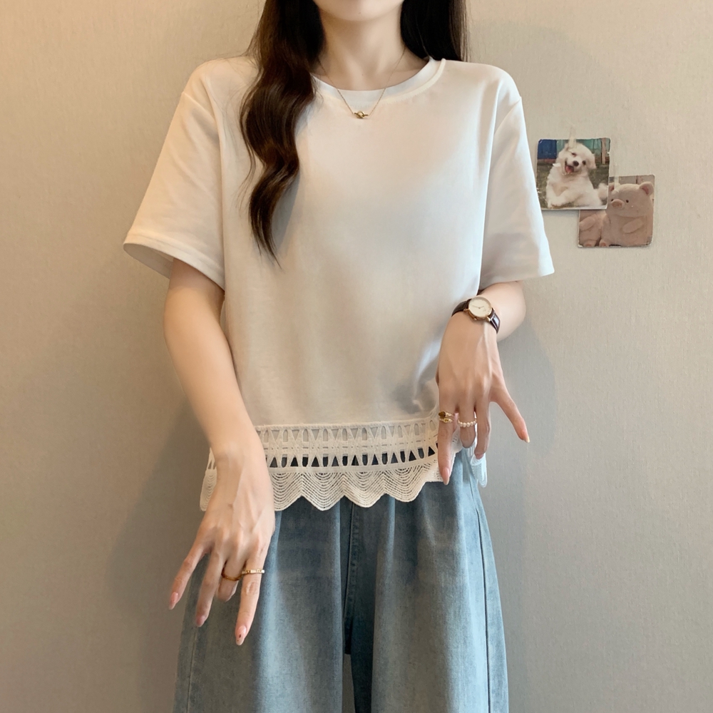 실사 여름 드레스 빅 사이즈 여성 의류 홀로우 아웃 레이스 패치워크 반팔 티셔츠 캐주얼 루즈핏 맨위 m 4xl 200 kg