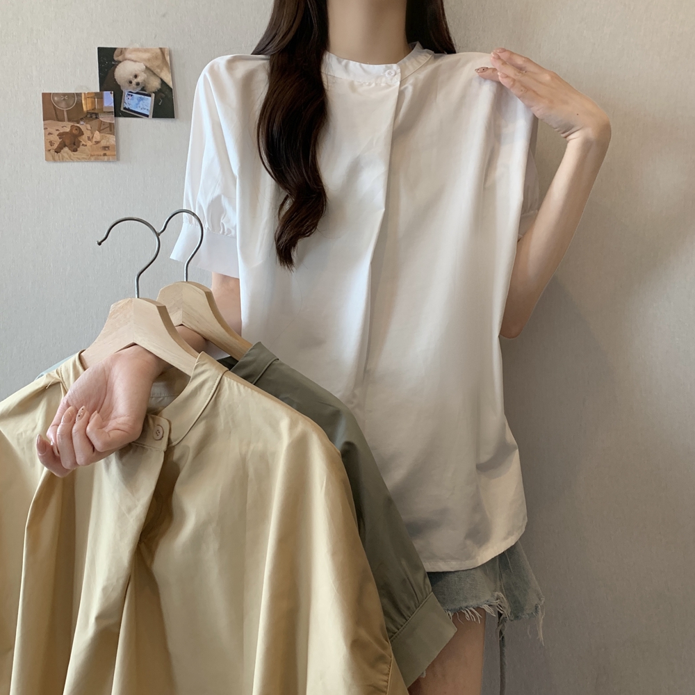 실사 여름 드레스 빅 사이즈 여성 의류 불규칙 주름 셔츠 루즈핏 슬림해 보이는 미니멀리즘 작은 대중 디자인 센스 반팔 맨위