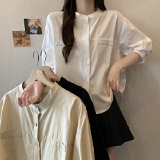 批发实拍夏装新款大码女装<b class='q'>韩版</b>简约中袖衬衫美拉德宽松衬衣圆领上衣