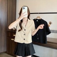 批发实拍韩国chic翻领三粒扣设计大码宽松休闲短袖西装外套M-4XL200斤