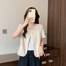 批发实拍夏装大码女装韩版chic显瘦V领单排扣西服上衣M 4XL200斤