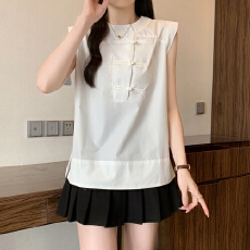 批发实拍夏装新款韩版纯色大码女装新中式国风盘扣白色衬衫无袖上衣