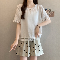 批发实拍夏装新款<b class='q'>韩版</b>大码女装气质蕾丝花边圆领短袖t恤衬衫宽松上衣