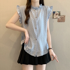 批发实拍夏装新款大码女装轻奢减龄木耳边小清新背心波点马甲无袖上衣