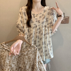 实拍夏装新款大码女装娃娃衫甜美法式蓬蓬灯笼碎花衬衫M-4XL200斤