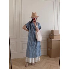 批发夏日一抹清新蓝色色织格纹立领落肩袖宽松百搭叠穿袍子<b class='q'>连衣裙</b>