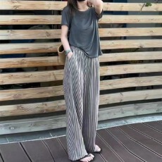 批发夏装韩版时尚休闲直筒阔腿裤女新款<b class='q'>大码</b>显瘦百搭薄款条纹裤