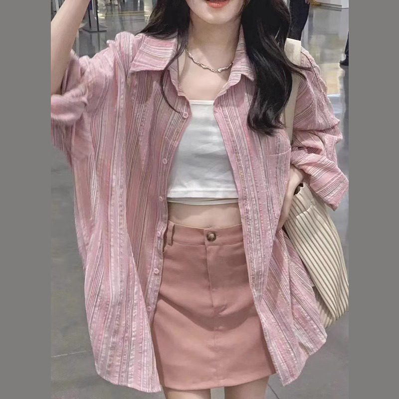 2026 빅 사이즈 여성 의류 한국 chic 핑크색 스트라이프 셔츠 디자인 센스 느긋한 바람 자외선 차단 셔츠