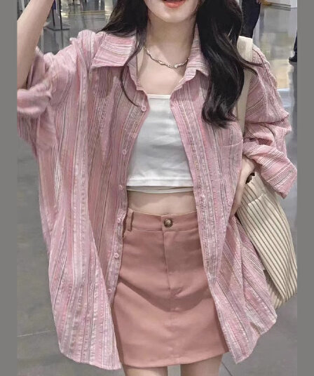 2026 빅 사이즈 여성 의류 한국 chic 핑크색 스트라이프 셔츠 디자인 센스 느긋한 바람 자외선 차단 셔츠