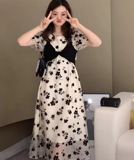 여름 드레스 새로운 요정 드레스 프랑스식 레트로 외국 가스 꽃무늬 지방 mm 쉬폰 롱 스커트 m-4xl200 근