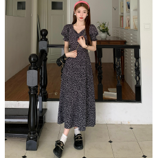 批发实拍大码女装法式长裙气质V领<b class='q'>连衣裙</b>碎花中长泡泡袖裙M-4XL200斤