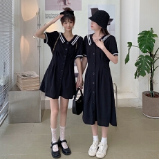 批发实拍泡泡袖小黑裙大码海军领<b class='q'>连衣裙</b>胖mm收腰显瘦A字裙M-4XL200斤