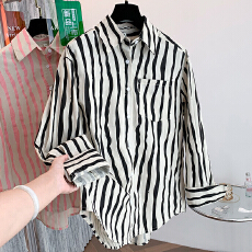 批发实拍<b class='q'>秋装</b>新款高级感竖条纹衬衫宽松休闲百搭开衫亚麻上衣