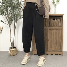 批发春装新款高腰纯棉休闲老爹裤<b class='q'>女</b>复古松紧腰宽松百搭小脚哈伦裤