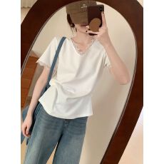 批发夏装大码法式气质蕾丝花边v领正肩短袖t恤宽松<b class='q'>上衣</b>M 4XL200斤