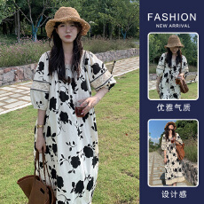 批发夏装新款<b class='q'>大码</b>女装胖MM宽松印花蕾丝拼接中长款连衣裙M-4XL200斤