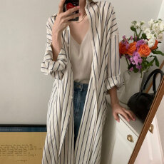 批发夏装新款<b class='q'>大码</b>女装慵懒风撞色条纹宽松衬衫连衣裙M-4XL200斤