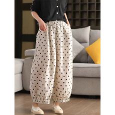 批发夏装新款棉麻阔腿裤文艺范大码宽松休闲波点碎花百搭九分裤简约款
