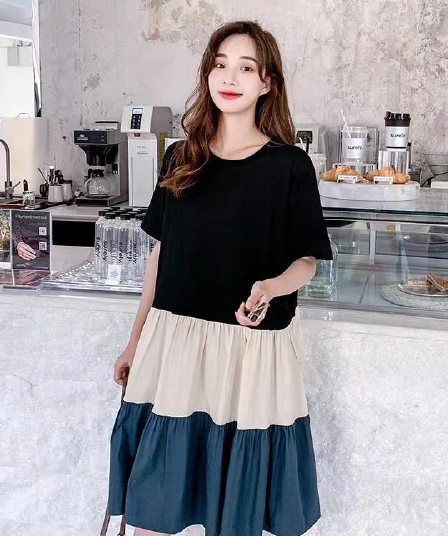 여름 드레스 새로운 빅 사이즈 여성 의류 패치워크 프랑스식 드레스 패션 루즈핏 신선함 무릎 아래 치마 m-4xl200 근