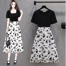 批发实拍碎花拼接设计感法式收腰短袖裙大码女装方领连衣裙M-4XL200斤