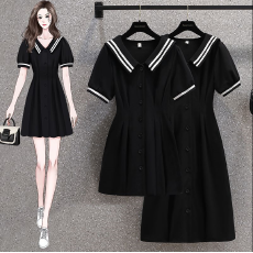 批发实拍泡泡袖小黑裙大码海军领连衣裙胖mm收腰显瘦A字裙M-4XL200斤