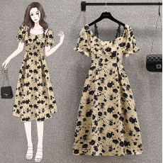 批发实拍大码女装胖MM法式茶歇收腰高级感吊带裙碎花连衣裙M-4XL200斤