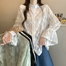 批发实拍夏装新款外贸女装花朵<b class='q'>泡泡袖</b>蕾丝衫<b class='q'>雪纺上衣</b>长袖衬衫两面穿