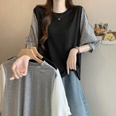 批发<b class='q'>实拍</b>夏装跨境日韩系<b class='q'>t</b><b class='q'>恤</b><b class='q'>衬衫</b>拼色别致圆领宽松复古设计感棉上衣