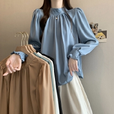 批发夏装新款韩国上衣乐天速干不易皱圆高领<b class='q'>泡泡袖</b>雪纺衬衫