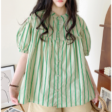 批发夏装新款条纹衬衫韩版<b class='q'>通勤</b>立领灯笼袖糖果色短袖娃娃衫