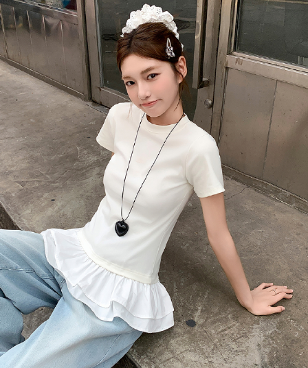 여름 드레스 새로운 빅 사이즈 순면 작은 대중 퍼프 레이스 패치워크 반팔 티셔츠 몸매 가꾸기 맨위 m-4xl200 근