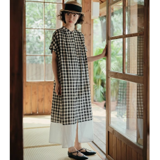 批发日系格子棉麻短袖<b class='q'>连衣裙</b>女中长款休闲松驰感亚麻叠穿衬衫长裙