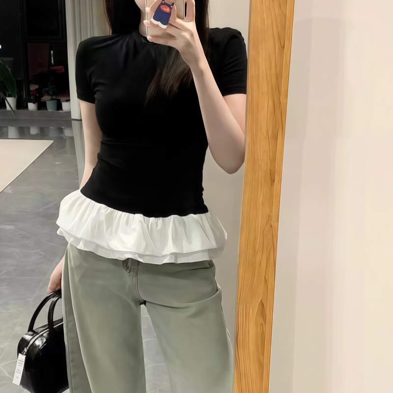 여름 드레스 새로운 빅 사이즈 순면 작은 대중 퍼프 레이스 패치워크 반팔 티셔츠 몸매 가꾸기 맨위 m-4xl200 근
