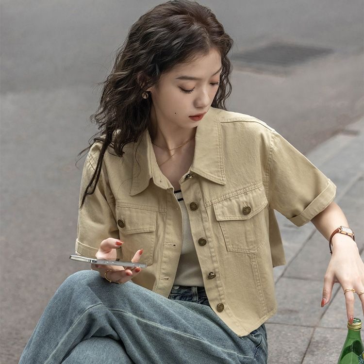 여름 드레스 새로운 레트로 항구 바람 반팔 셔츠 여성 코트 디자인 센스 작은 대중 쇼트 스타일 워크웨어 맨위