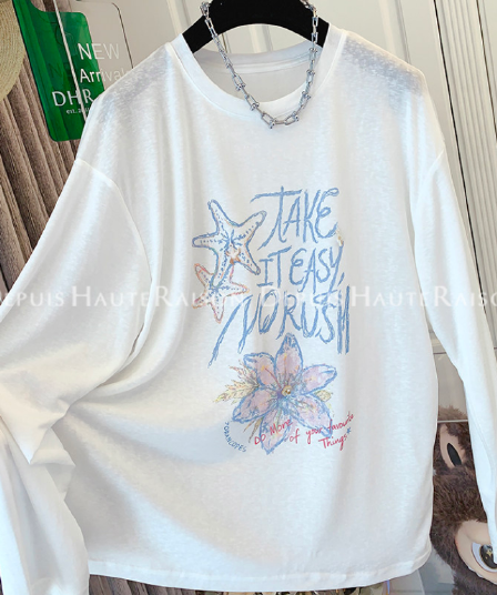 한국 비즈 박기 불가사리 알파벳 프린트 라이 경기 서울 얇은 스타일 긴팔 티셔츠 여성 루즈핏 자외선 차단 블라우스