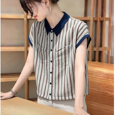 批发夏季新款韩版撞色polo领<b class='q'>条纹</b><b class='q'>衬衫</b>女宽松休闲显瘦百搭短袖上衣