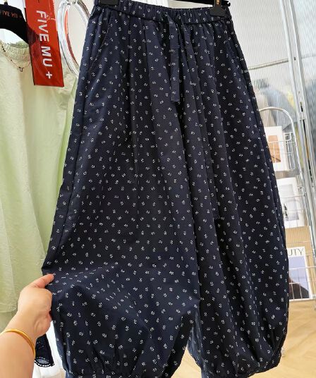 슈퍼 화재 여름 자이언트 잘 생긴 ~ 중 얇은 스타일 바지 허리밴드 캐주얼 바지 작은 꽃무늬 9부 바지 여성 풍선 바지