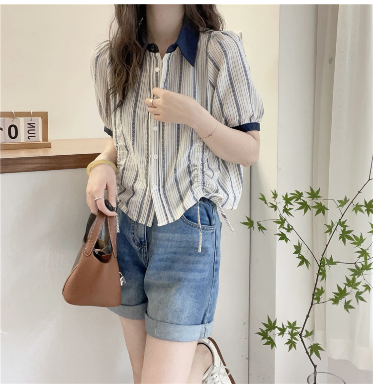 여름 드레스 새로운 세로 줄무늬 폴로 칼라 면 린넨 여성 셔츠 유럽 역 유럽 상품 여성 의류 패션 외국 가스 작은 셔츠 트렌디